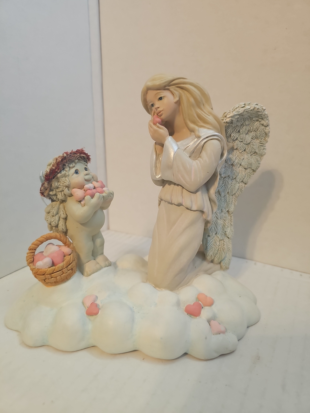 Angel Figurine with Cherub and Pink Hearts - Decorative Home Accent